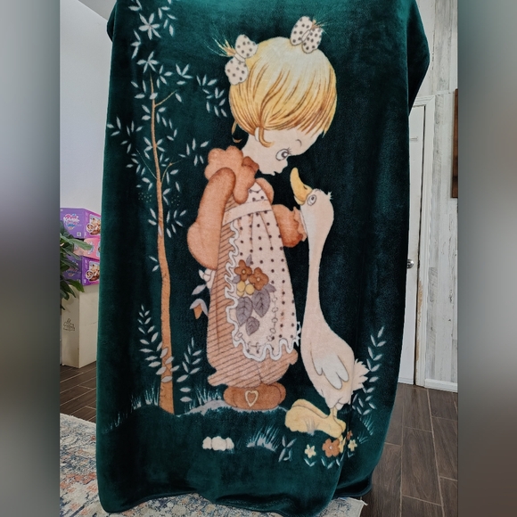 Vintage Korean Precious Moments Girl Geese Duck FULL SIZE Plush Blanket 60